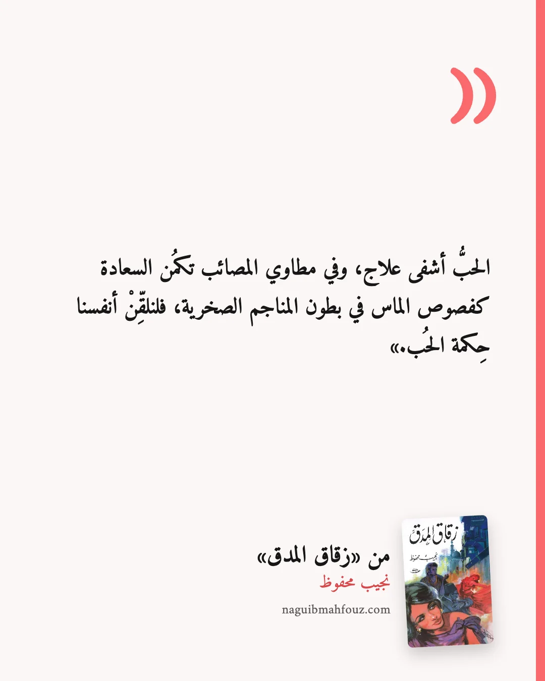 «الحبُّ أشفى علاج، وفي مطاوي المصائب تكمُن السعادة كفصوص الماس في بطون المناجم الصخرية، فلنلقِّنْ أنفسنا حِكمة الحُب.» — زقاق المدق